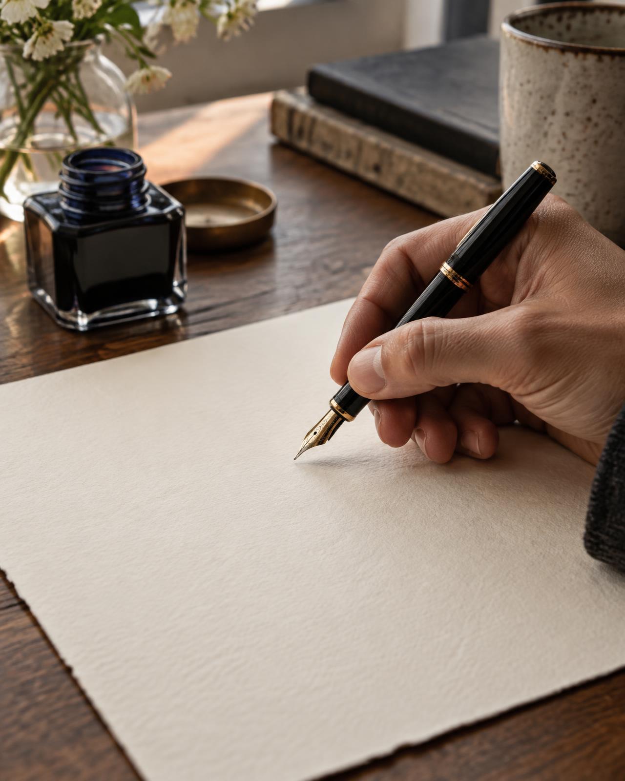 Una mano escribe con pluma sobre papel de algodón, junto a un tintero.