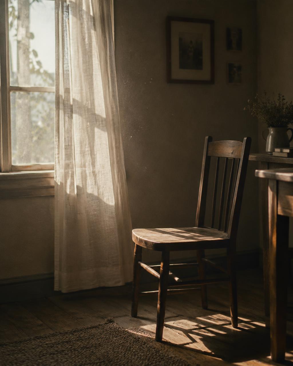 Una silla vacía junto a una ventana con luz de tarde.